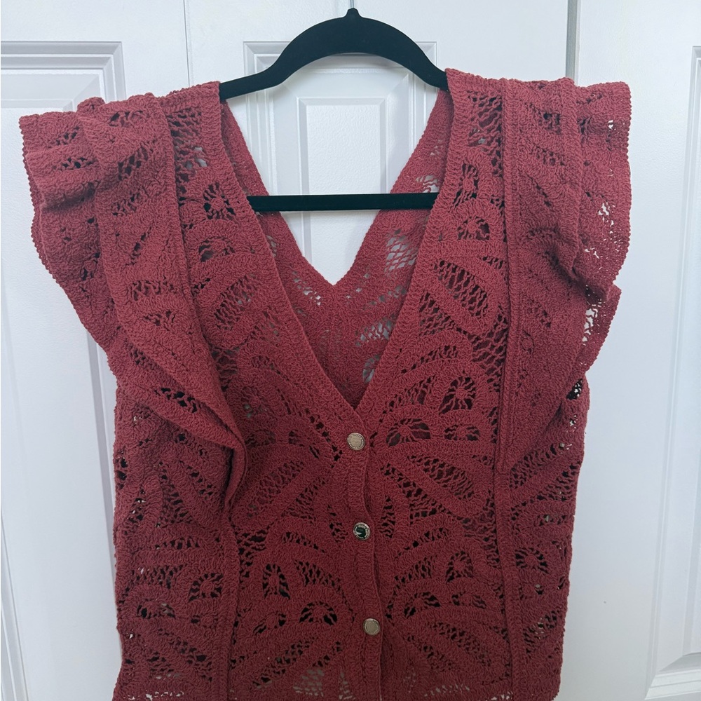White House Black Market Dusty Rose Crochet Button-Down Top